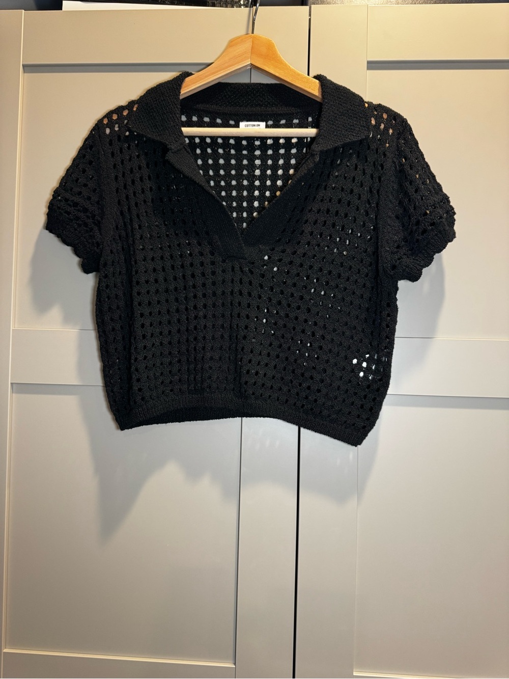 Cotton On Black Open-Knit Collared Crop Top